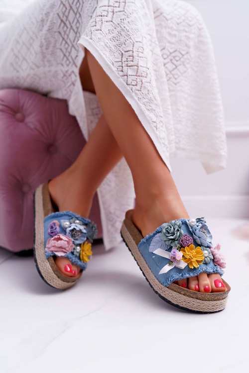 Dámské Nazouváky s Květinami Tlustá Podešev Modré Amodeo