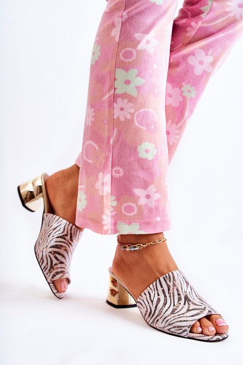 Kožené dámské pantofle Zebra na podpatku růžovo-bílé Perry