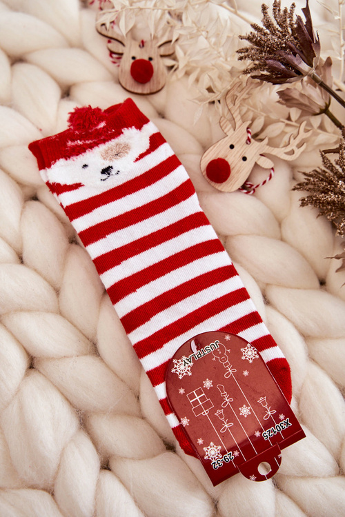 Mládežné pruhované ponožky s bielym a červeným psom