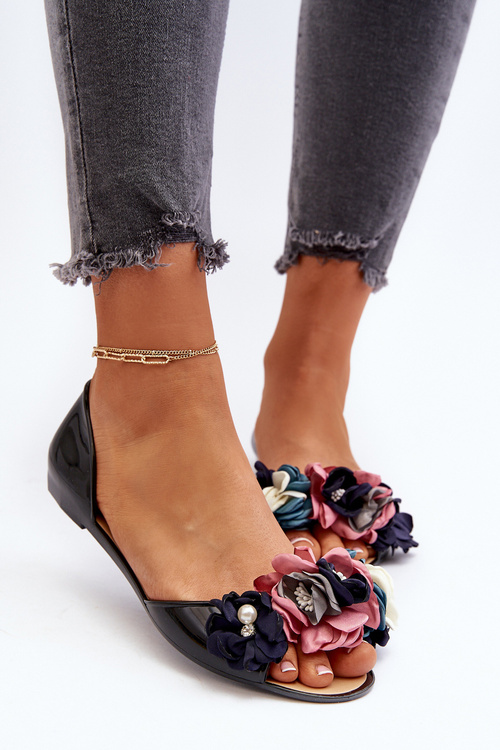 Čierne dámske gumové baletky s kvetmi Junikla