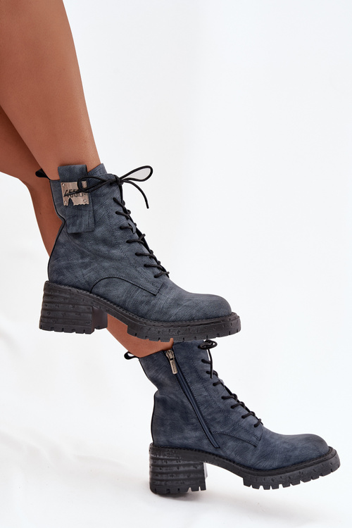 Kožené dámske pracovné čižmy na blokovom podpätku s ozdobným detailom Artiker 57C0212 Modrá