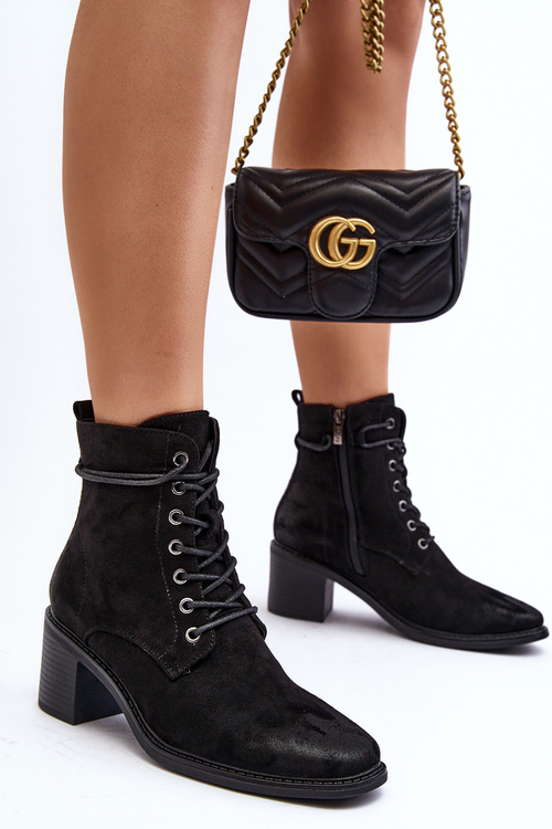 Dámske čižmy s nízkym opätkom na šnurovanie čierne Serellia