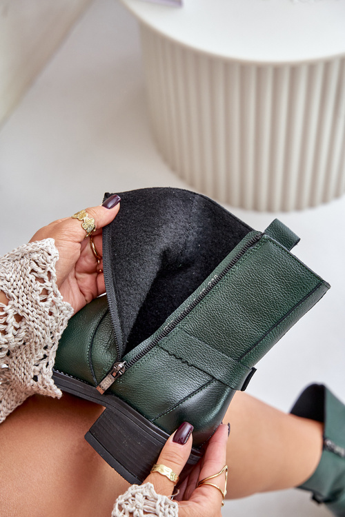 Zazoo 60480 Kožené Čižmy S Nízkym Opätkom Zateplené Tmavozelené