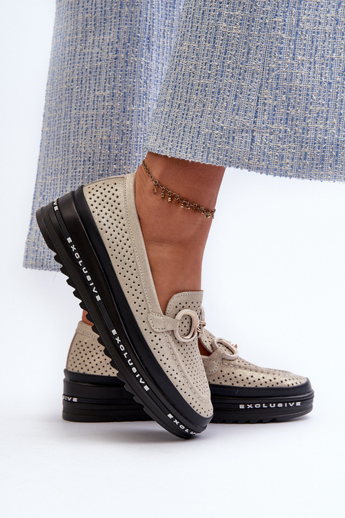 Lesklé Kožené Dámske Mokasíny na Platforme S Ozdobou S.Barski LR750 Zlaté