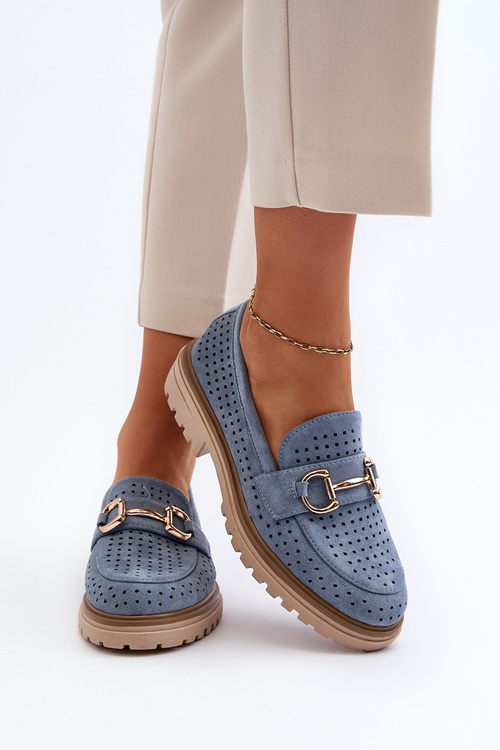 Dámské modré mokasíny s vyšívanými detaily a ozdobou Talesse