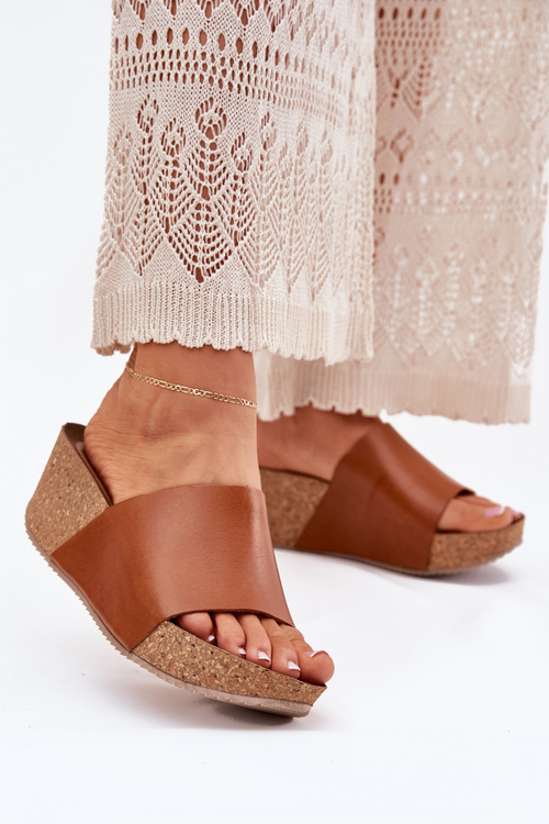 Zazoo 40291 Kožené Dámské Pantofle Na Korkovém Podpatku Hnědé