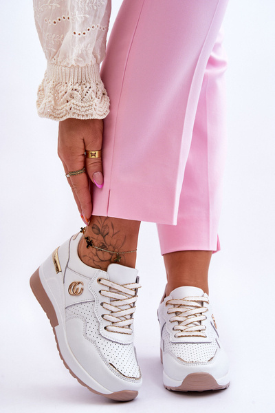 Dámské kožené sportovní boty na klínku Bílá a zlatá Rebeca