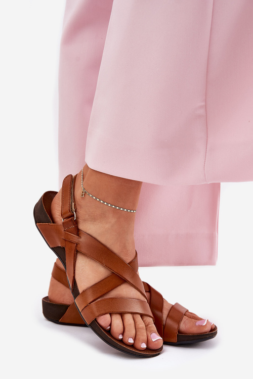 Ploché Kožené Dámske Sandále Zazoo 40032 Hnedé