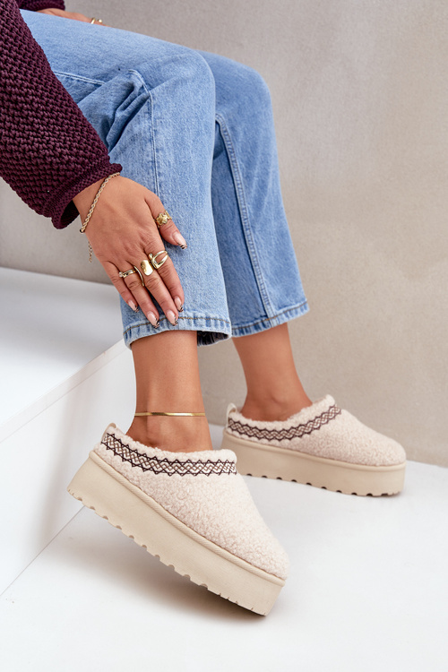 Sněhule Pantofle Na Platformě S Kožíškem Typu Beránek Světle Béžové Leaniella