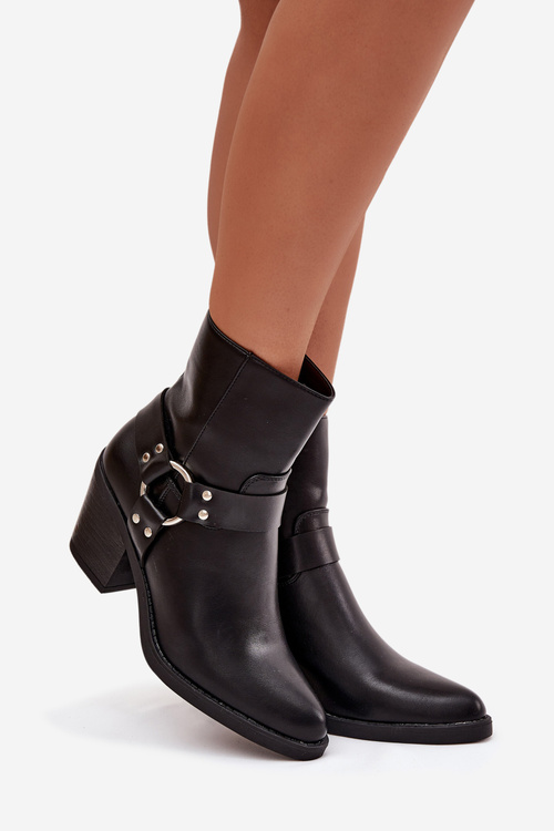 Zateplené dámské kotníkové boty na podpatku s ozdobným prvkem černé Jurelle