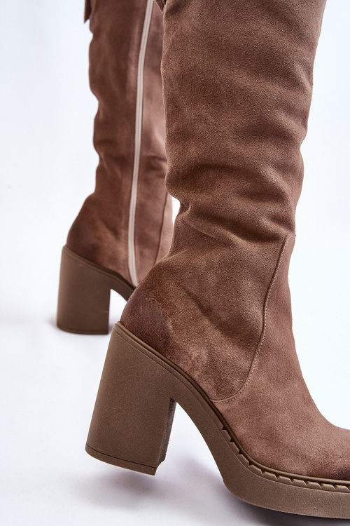 Dámské semišové kozačky na hrubém podpatku světle hnědé Valeris