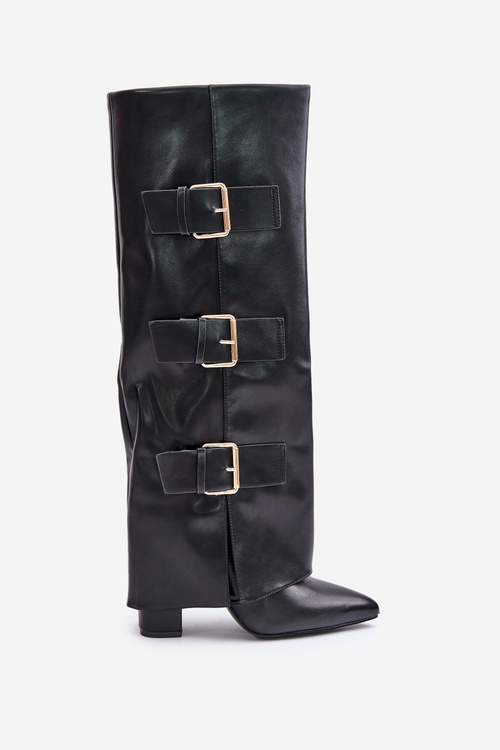 Zateplené dámské kozačky na podpatku s ohrnutým svrškem a sponami černé Piregonia