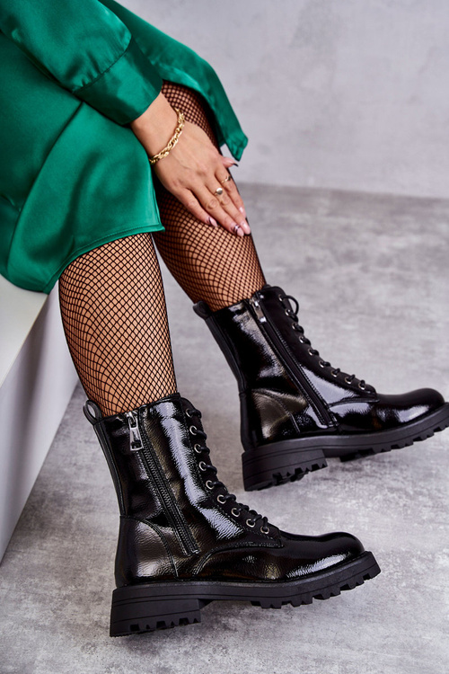 Kožené Boty Na Plochém Podpatku černe Estela