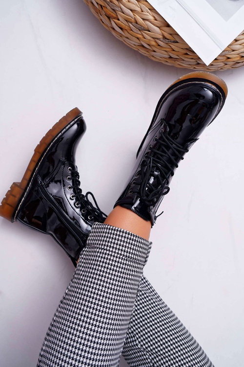 Dámske ploché podpätky vysoké podpätky, lakované čierne martenis