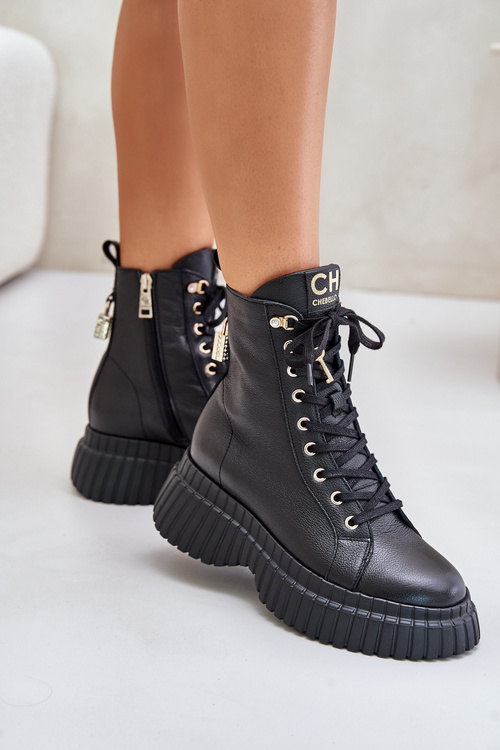 Kožené Boty Na Platformě Na Zip S Dekorativním Zámkem CheBello 4517 Černé