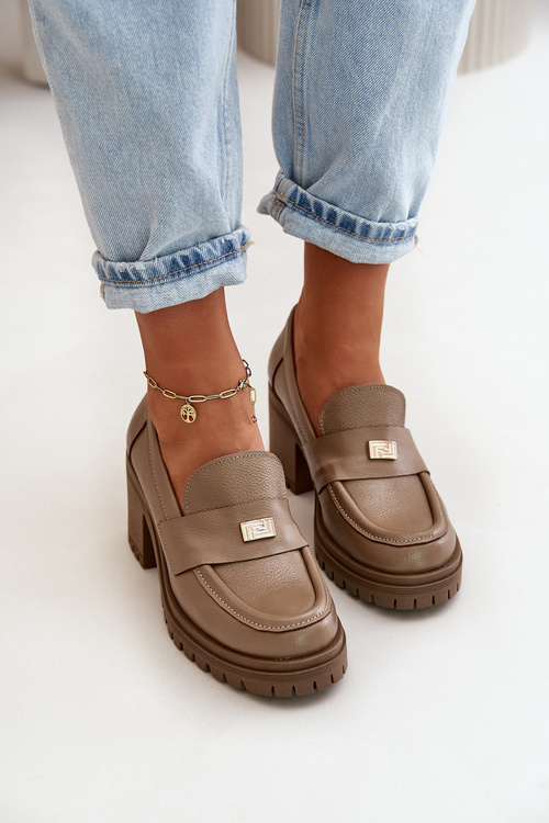 Zazoo 20168 Elegantní dámské polobotky na podpatku z pravé kůže tmavě béžové