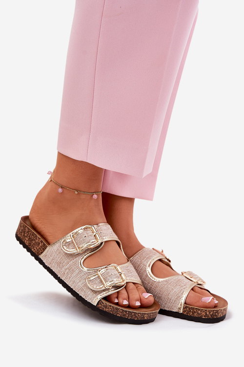 Dámske Textilné Papuče Na Korkovej Platforme So Sponami Zlaté Osoffe