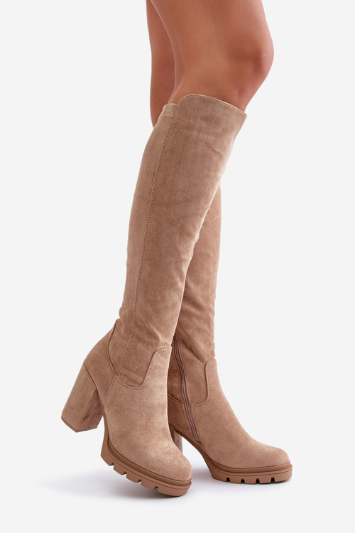 Zateplené dámske čižmy na podpätku eko semiš béžové Tirisha