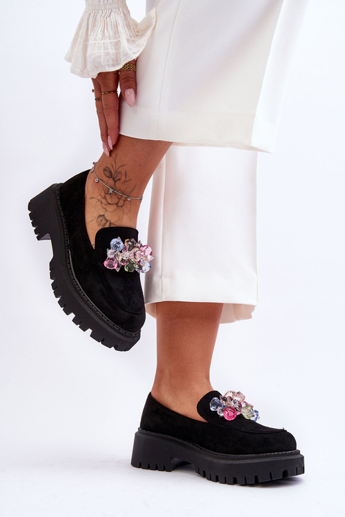 Dámske mokasíny s dekoratívnymi kryštálmi čierny avril