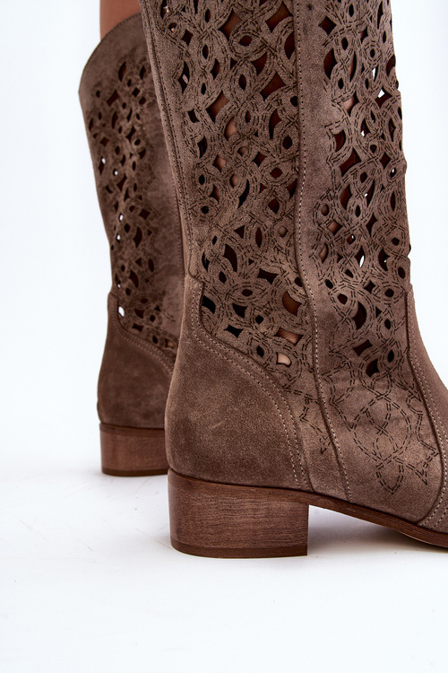 Zazoo 3403 Prosklené Dámské Kozačky Na Nízkém Podpatku Tmavěhnědé