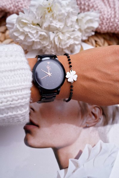 Dámský řetízkový Náramek stříbrný černé korály Čtyřlístek Chaser