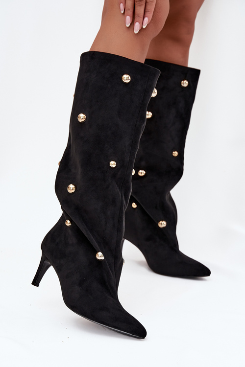 Nazouvací dámské kozačky na podpatku se zlatými ozdobami Černé Thaliane