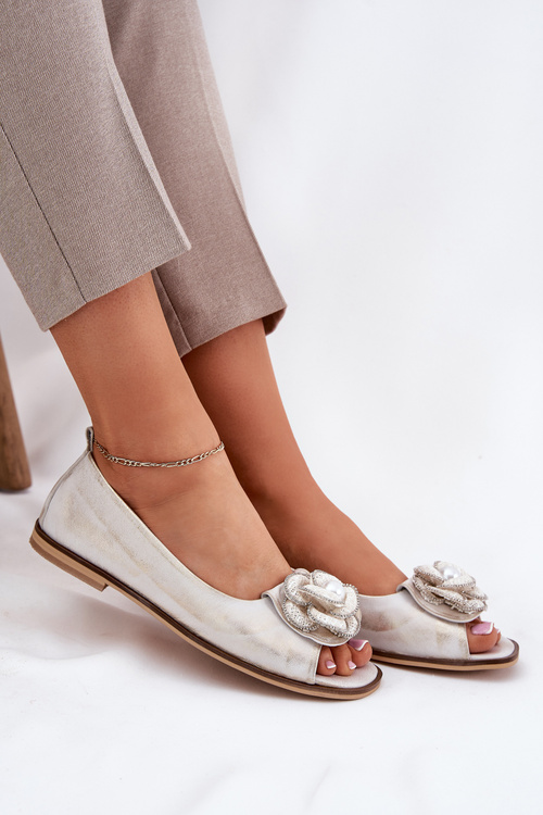 Kožené Baletky S Otevřenými Prsty A Květem Zazoo 1870 Zlato Ošoupané