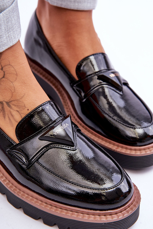 Lakované dámské mokasíny na platformě s zdobením Černá Jonett