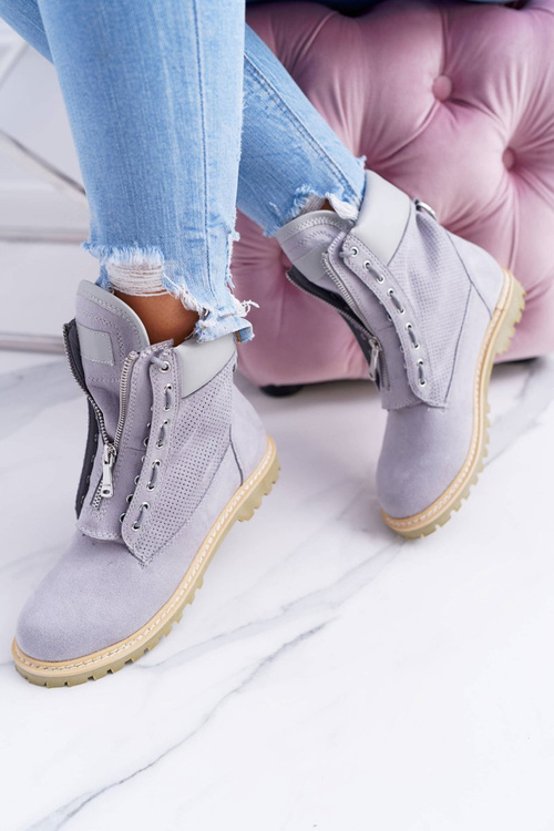 Lu Boo Dámsky šedý semiš Timberki Trappers Nancy Zippers