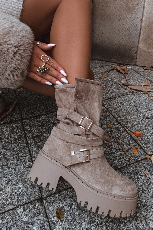 Dámské boty na robustním podpatku s přezkami a páskem béžové Nerelisa