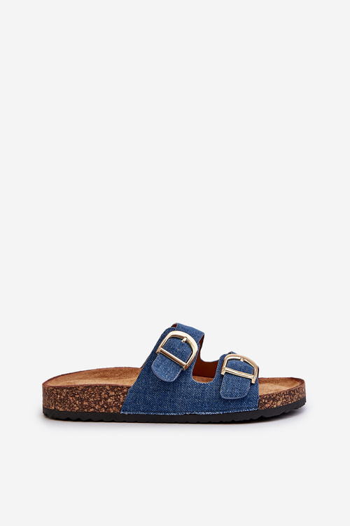 Dámske džínové šľapky na korkovej platforme s tmavomodrými popruhmi Doretta