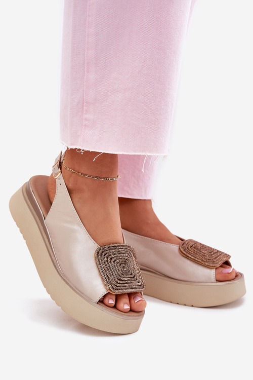 Zazoo 1786 Kožené Sandály Dámské Na Platformě S Dekorací Perlově Béžové
