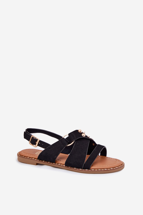 Dámske sandále na plochom podpätku so zlatými cvočkami čierne Zanira