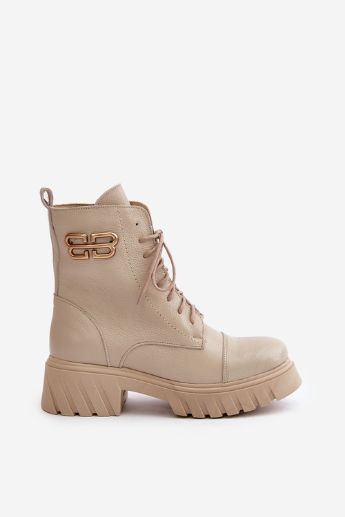 Zazoo 60486 Kožené Boty Worker S Podšívkou A Zlatým Detalem Světle Béžové