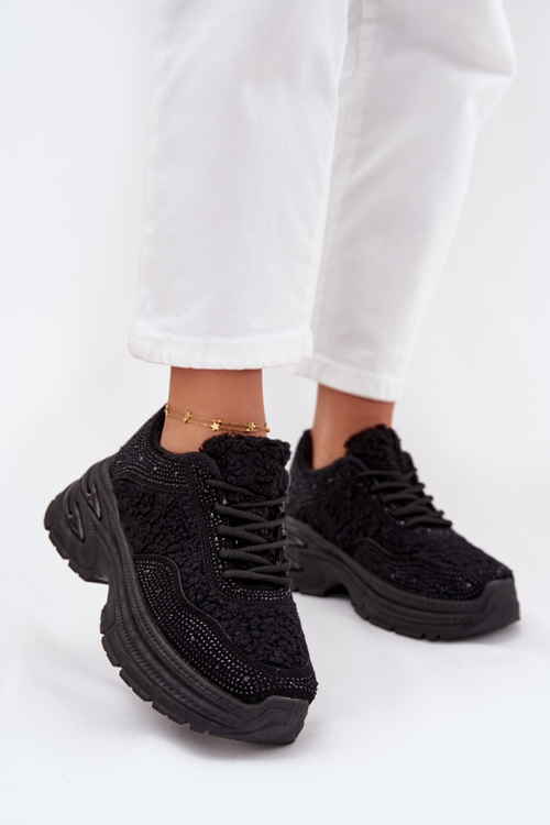 Dámske Tenisky S Kryštálmi A Ovčou Kožou Čierne Zarika