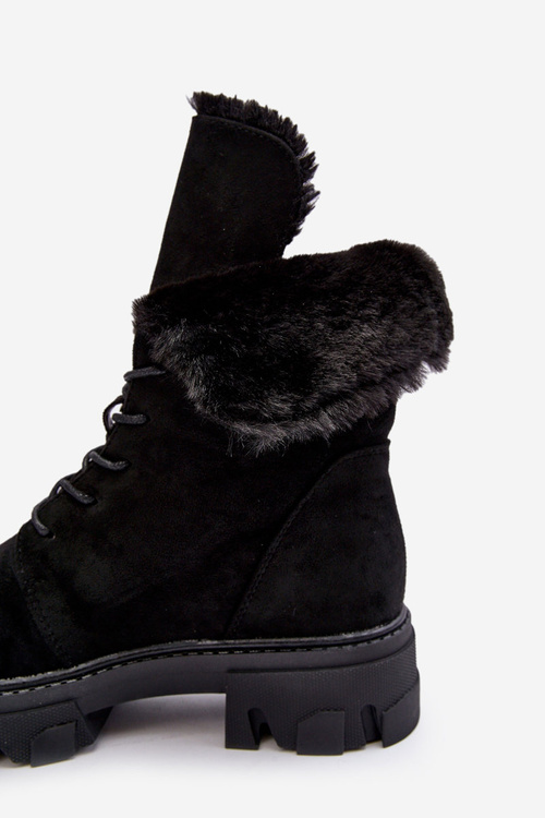 Suede Lace -up Boots Workers s kožušinou Black Frendo