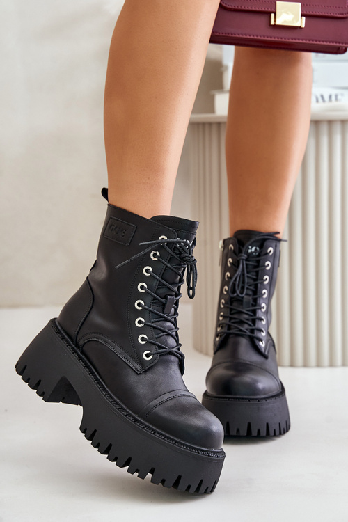 Zateplené Kožené Čižmy Pracovné Pre Ženy S Kryštálmi GOE OO2N4125 Čierne