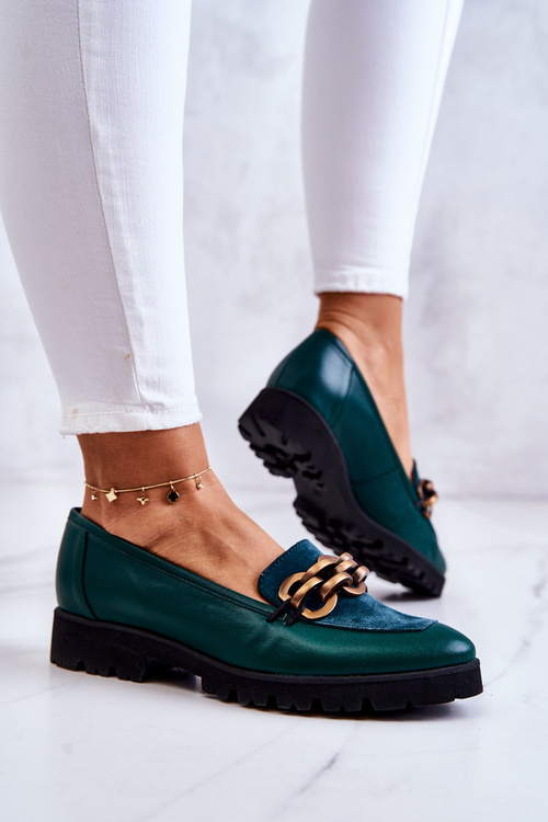 Elegantné kožené mokasíry so zeleným Ženevským reťazcom