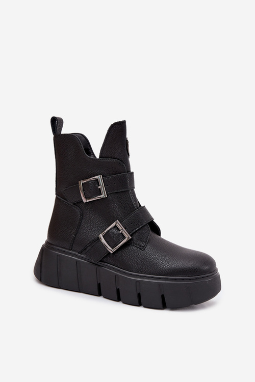 Kožené zateplené dámské kotníčkové boty na platformě s přezkami Vinceza 66842 Černé