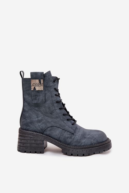 Kožené dámske pracovné čižmy na blokovom podpätku s ozdobným detailom Artiker 57C0212 Modrá