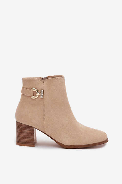 Zateplené dámské kotníkové boty na podpatku se zlatým detailem béžové Renora