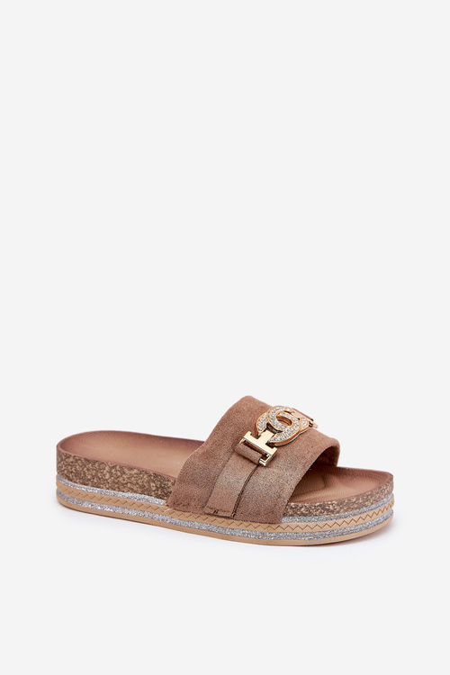 Dámské Pantofle Se Zlatým Detalem Na Platformě S Glitry Khaki Eanes