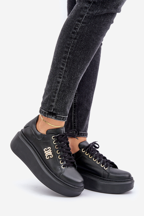 Tenisky Z Pravej Kože Na Platforme Zlatá Dekorácia Lewski 3428 Čierne