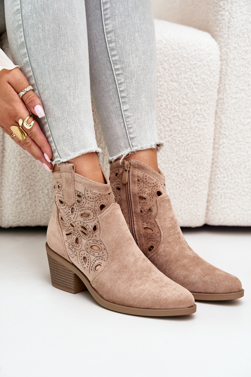 Dámské semišové perforované boty kovbojky béžové S.Barski HY42-086