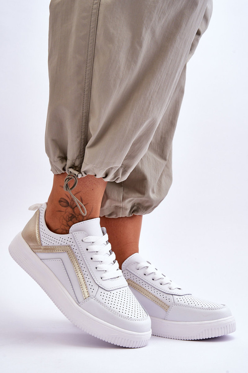 Dámská kožená perforovaná sportovní obuv bílá a zlatá Carvalo