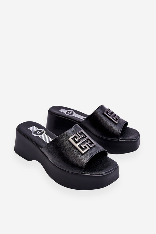 Dámske kožené papuče na plošine s ornamentom Black Renna