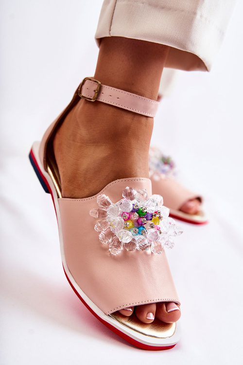 Dámské kožené sandály s zdobením Světle růžová Nevassa