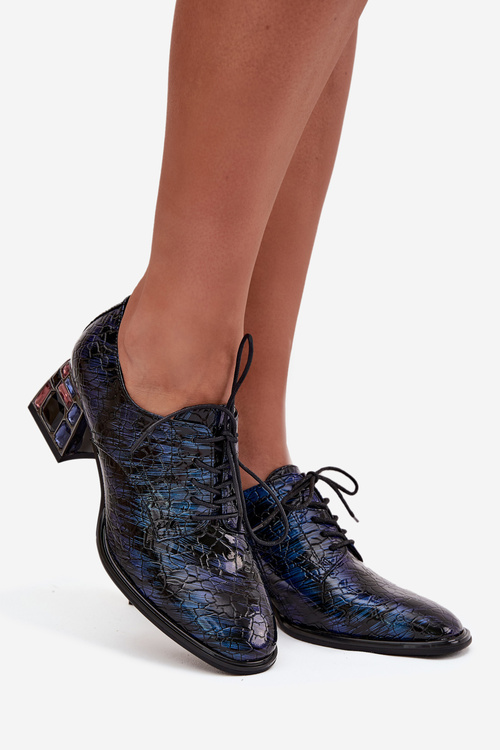 Kožené lakované dámské lodičky na podpatku s krystaly Artiker 55C0428 tmavě modré