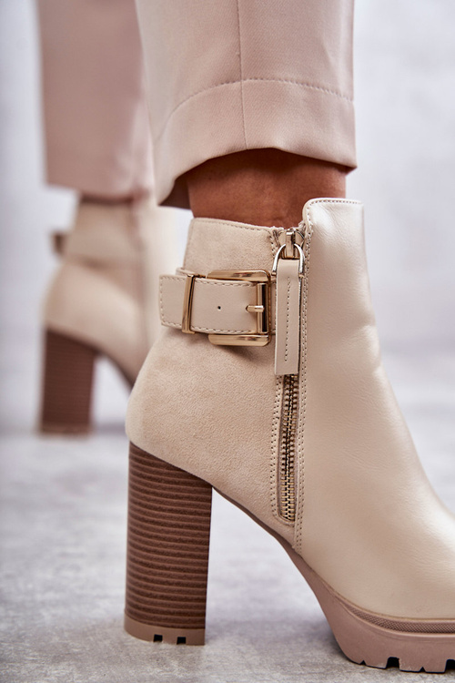 Kožené Kozačky Na Vysokých Podpatcích S Ozdobným Zipem Béžove Rosita