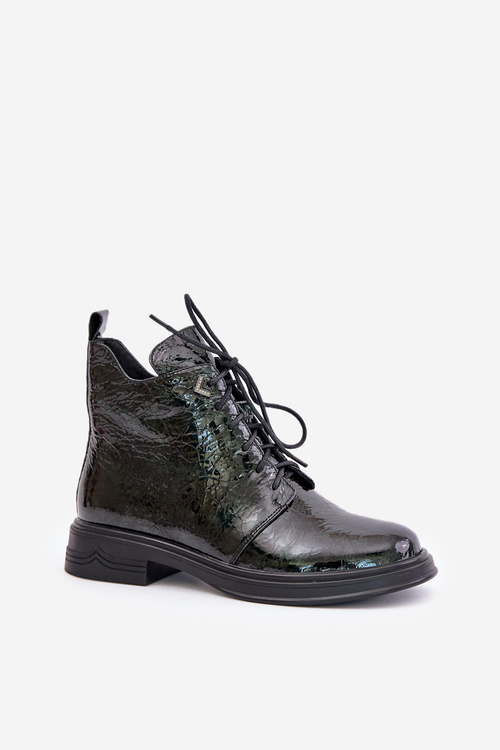 Kožené Lakované Čižmy Dámske Zateplené Na Zips D&A LZ42-042 Tmavozelené